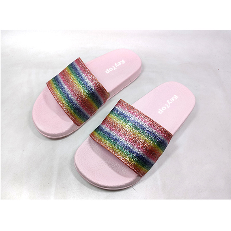 Rainbow-band slides — Multicolour band · pink sole